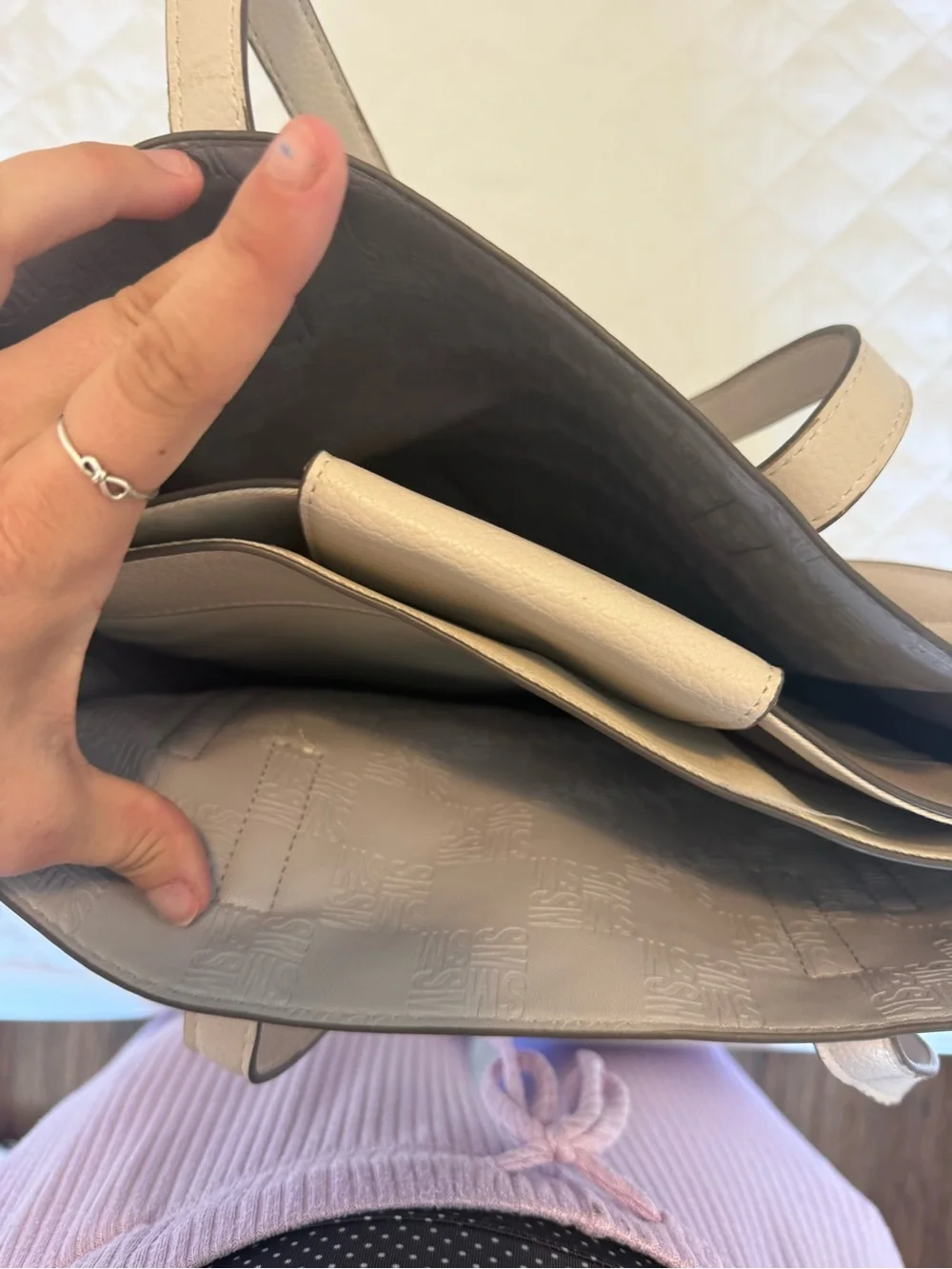 T.J.Maxx Beige Leather Tote with Front Monogram Accent